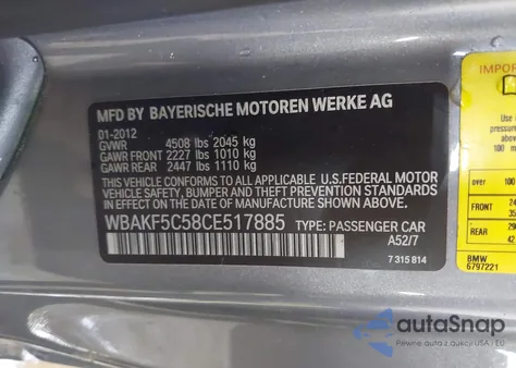 2012 BMW 328I xDrive из США, поврежденный, VIN WBAKF5C58CE517885